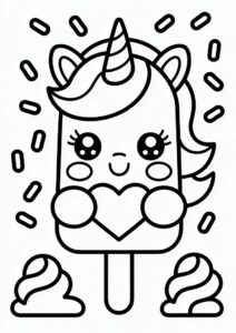 Ice Cream Coloring Page Of Chibi Unicorn Popsicle With Love Heart For Preschoolers 2