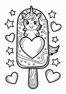 Ice Cream Coloring Page Of Chibi Unicorn Popsicle With Love Heart For Preschoolers 3