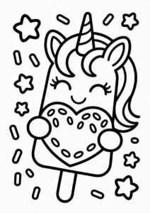 Ice Cream Coloring Page Of Chibi Unicorn Popsicle With Love Heart For Preschoolers 4