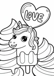 Ice Cream Coloring Page Of Chibi Unicorn Popsicle With Love Heart For Preschoolers 5