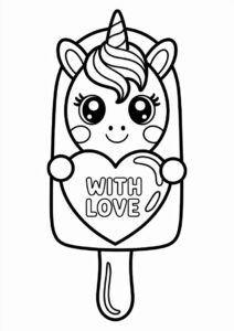 Ice Cream Coloring Page Of Chibi Unicorn Popsicle With Love Heart For Preschoolers 7