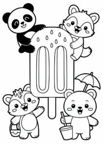 Ice Cream Coloring Page Of Watermelon Popsicle With Chibi Animals For Preschoolers 1