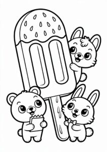 Ice Cream Coloring Page Of Watermelon Popsicle With Chibi Animals For Preschoolers 2