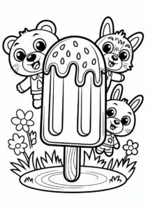 Ice Cream Coloring Page Of Watermelon Popsicle With Chibi Animals For Preschoolers 3