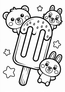 Ice Cream Coloring Page Of Watermelon Popsicle With Chibi Animals For Preschoolers 4