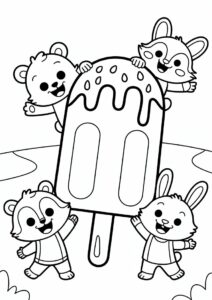 Ice Cream Coloring Page Of Watermelon Popsicle With Chibi Animals For Preschoolers 5