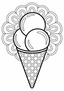 Ice Cream Coloring Page Scoops With Waffle In Front Of A Mandala 1