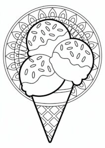 Ice Cream Coloring Page Scoops With Waffle In Front Of A Mandala 11