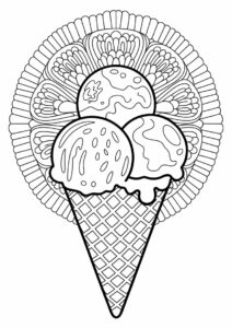 Ice Cream Coloring Page Scoops With Waffle In Front Of A Mandala 2