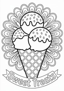 Ice Cream Coloring Page Scoops With Waffle In Front Of A Mandala 3