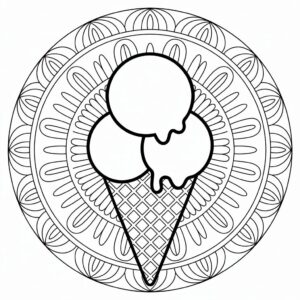 Ice Cream Coloring Page Scoops With Waffle In Front Of A Mandala 4