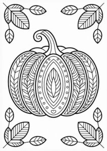 Intricate Pumpkin Coloring Page Mandala With Leaves 1