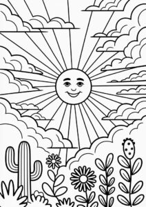 Intricate Sun With Clouds And Vegetation Coloring Page 1