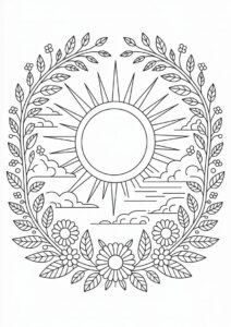 Intricate Sun With Clouds And Vegetation Coloring Page 3
