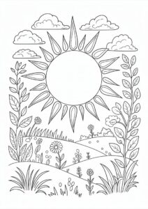 Intricate Sun With Clouds And Vegetation Coloring Page 4
