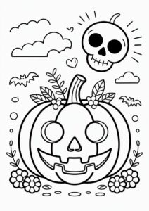 Jack O Lantern Pumpkin Coloring Page With A Skull And Flowers 1