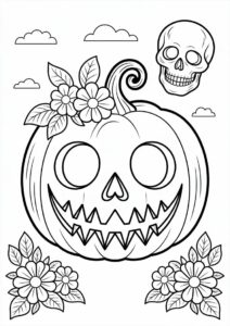 Jack O Lantern Pumpkin Coloring Page With A Skull And Flowers 2