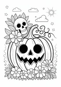Jack O Lantern Pumpkin Coloring Page With A Skull And Flowers 3