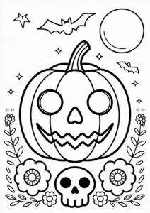 Jack O Lantern Pumpkin Coloring Page With A Skull And Flowers 4