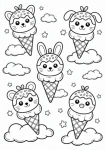 Kawaii Animal Ice Cream Coloring Page Cones In The Clouds For Kids 1