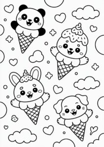 Kawaii Animal Ice Cream Coloring Page Cones In The Clouds For Kids 10