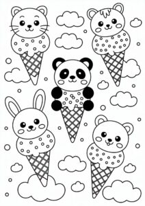 Kawaii Animal Ice Cream Coloring Page Cones In The Clouds For Kids 2