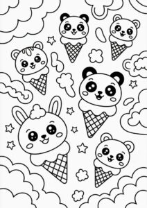 Kawaii Animal Ice Cream Coloring Page Cones In The Clouds For Kids 3