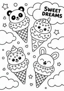 Kawaii Animal Ice Cream Coloring Page Cones In The Clouds For Kids 4