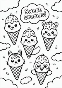 Kawaii Animal Ice Cream Coloring Page Cones In The Clouds For Kids 5