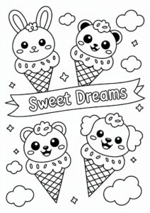 Kawaii Animal Ice Cream Coloring Page Cones In The Clouds For Kids 6