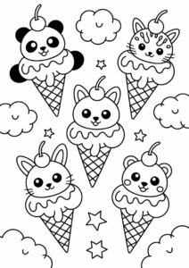 Kawaii Animal Ice Cream Coloring Page Cones In The Clouds For Kids 8
