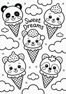 Kawaii Animal Ice Cream Coloring Page Cones In The Clouds For Kids 9