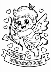 Kawaii Cupid Shooting Arrow Valentines Day Coloring Page 1