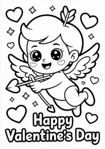 Kawaii Cupid Shooting Arrow Valentines Day Coloring Page 2