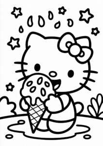 Kawaii Hello Kitty Eating A Melting Ice Cream Coloring Page 1