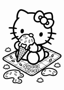 Kawaii Hello Kitty Eating A Melting Ice Cream Coloring Page 2