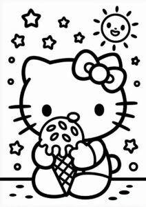 Kawaii Hello Kitty Eating A Melting Ice Cream Coloring Page 3