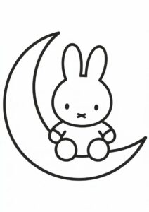 Kawaii Miffy Coloring Page Sitting On A Crescent Moon For Preschoolers 4