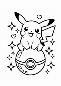 Kawaii Pikachu Sitting On Pokeball Coloring Sheet 1