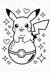 Kawaii Pikachu Sitting On Pokeball Coloring Sheet 2