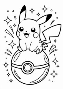 Kawaii Pikachu Sitting On Pokeball Coloring Sheet 3