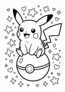 Kawaii Pikachu Sitting On Pokeball Coloring Sheet 4