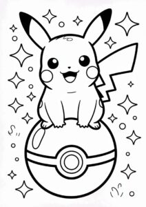 Kawaii Pikachu Sitting On Pokeball Coloring Sheet 5