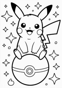 Kawaii Pikachu Sitting On Pokeball Coloring Sheet 6