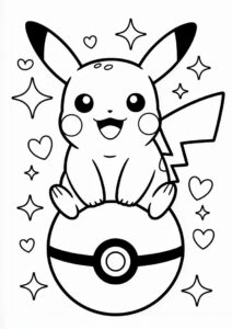 Kawaii Pikachu Sitting On Pokeball Coloring Sheet 7