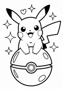 Kawaii Pikachu Sitting On Pokeball Coloring Sheet 8