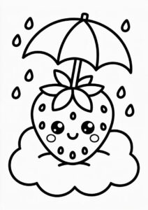 Kawaii Strawberry Coloring Page On The Cloud With An Umbrella For Kids 1