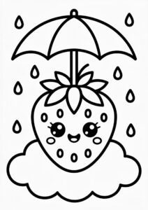 Kawaii Strawberry Coloring Page On The Cloud With An Umbrella For Kids 2