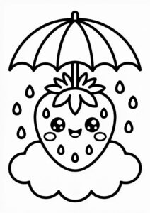 Kawaii Strawberry Coloring Page On The Cloud With An Umbrella For Kids 3