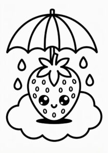 Kawaii Strawberry Coloring Page On The Cloud With An Umbrella For Kids 4